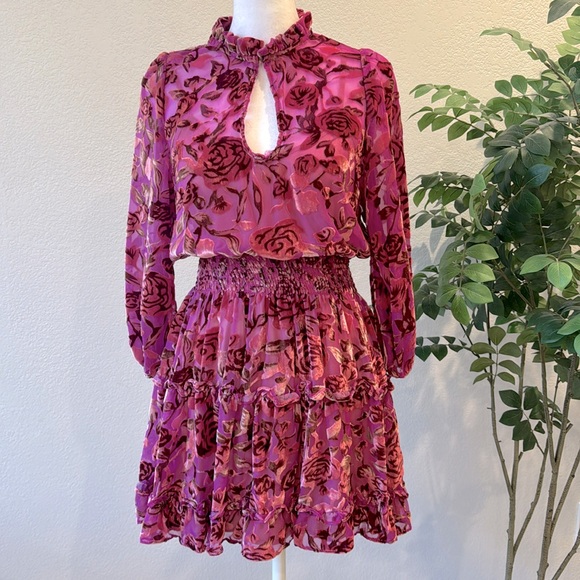 OPT Pink Velvet Floral Mock Neck Long Sleeve Tiered Mini Dress Size Extra Small - Picture 1 of 9